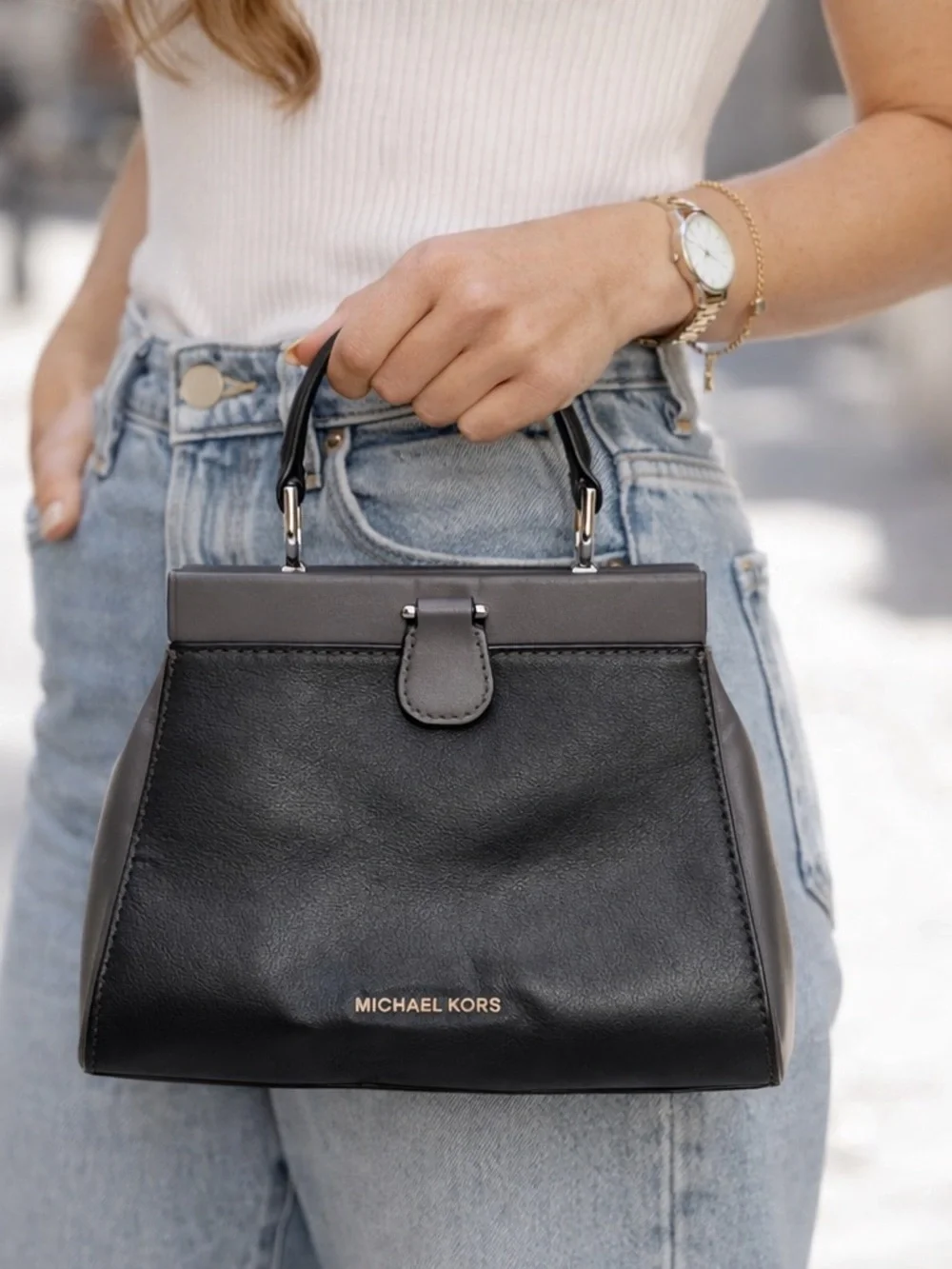 Michael Kors Two Tone Leather Mini Satchel Gray Black